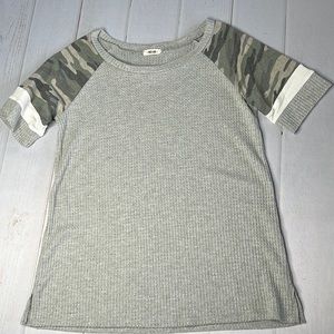 First Love - Camo Sleeve Waffle Knit Grey Top - Size Medium